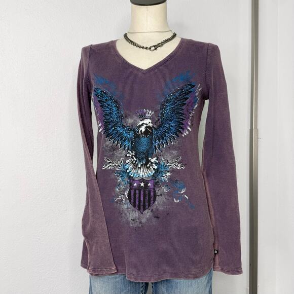 NWT Bling Rhinestone Eagle Wings Thermal Top Long Sleeve Purple Biker Size XS - Picture 1 of 6